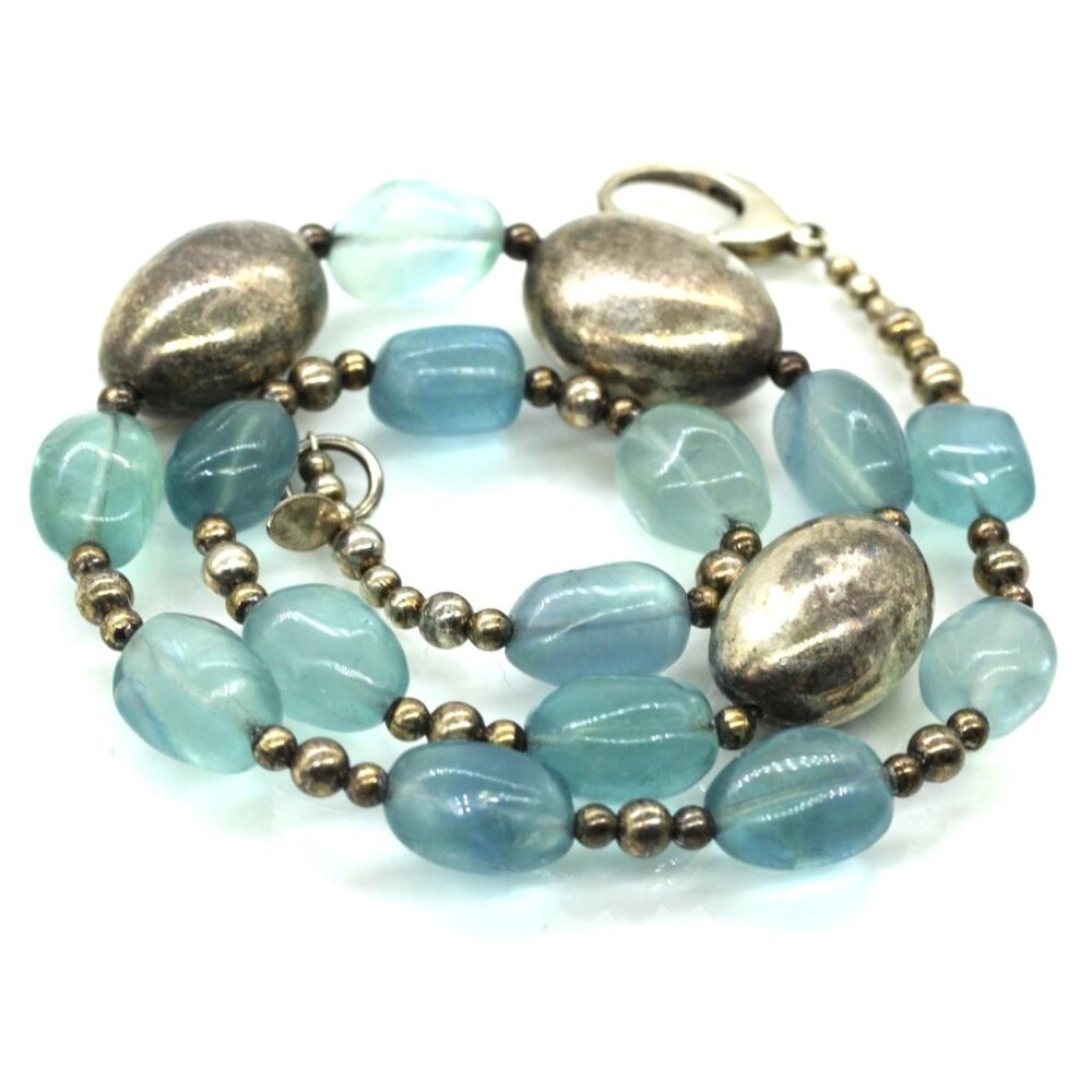 925 STERLING blue moonstone vintage beaded necklace signed BSF 77.8 grams 20"